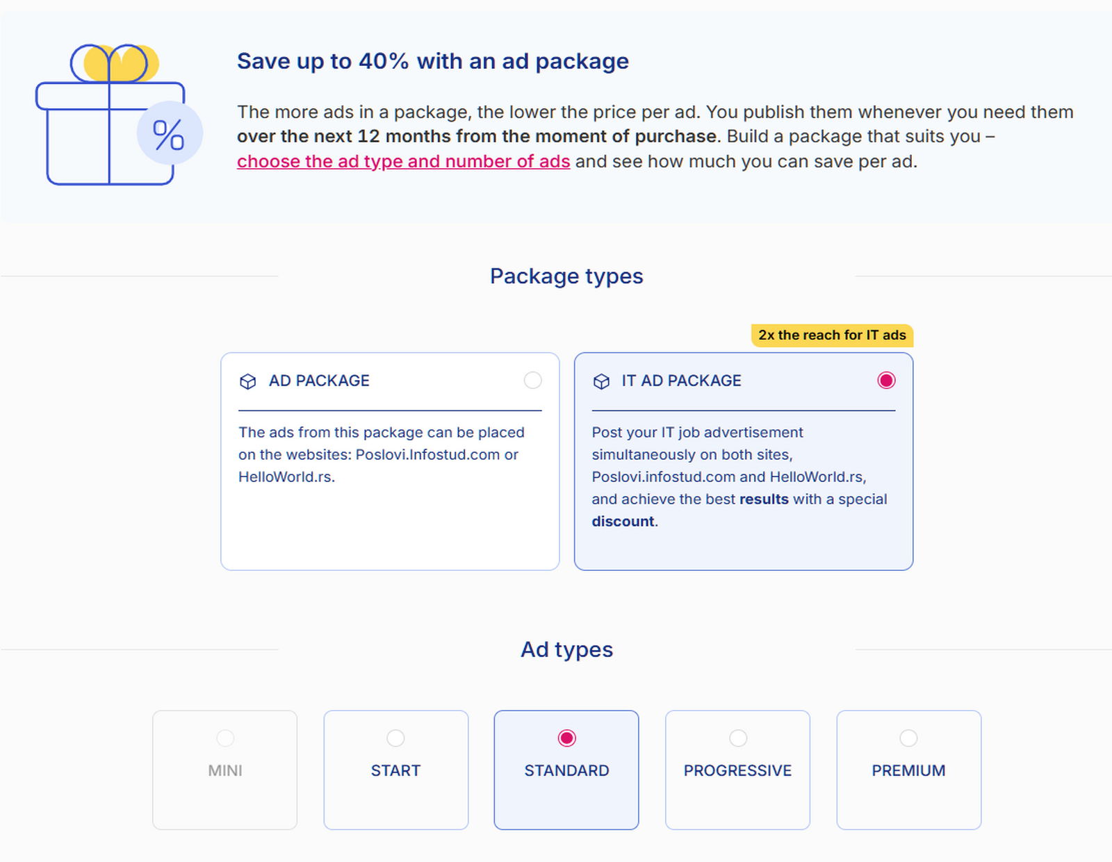 Selecting the Combo Job Ad Package and Standard job ad type