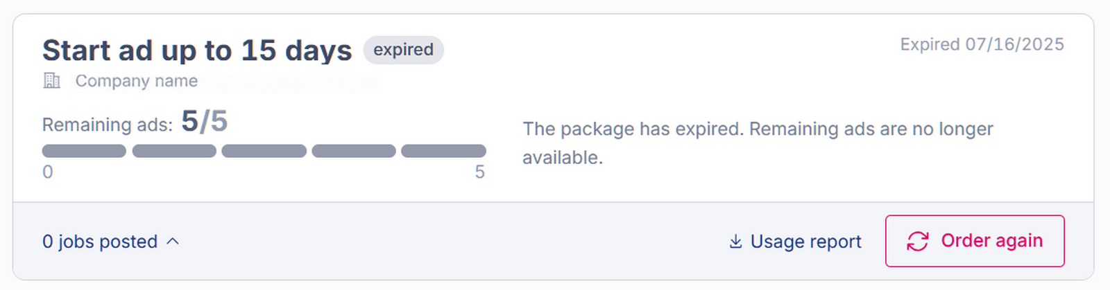 Expired job ad package with no remaining ads available
