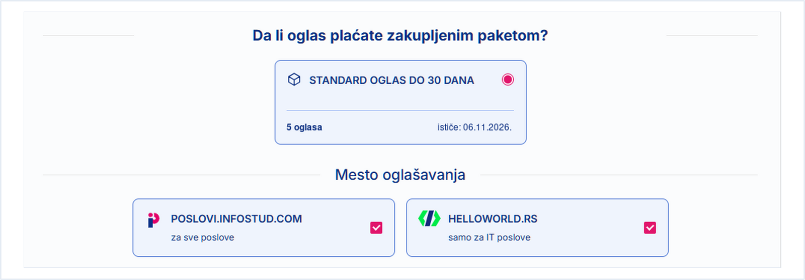 Izbor paketa i mesta oglašavanja u formularu za postavljanje oglasa
