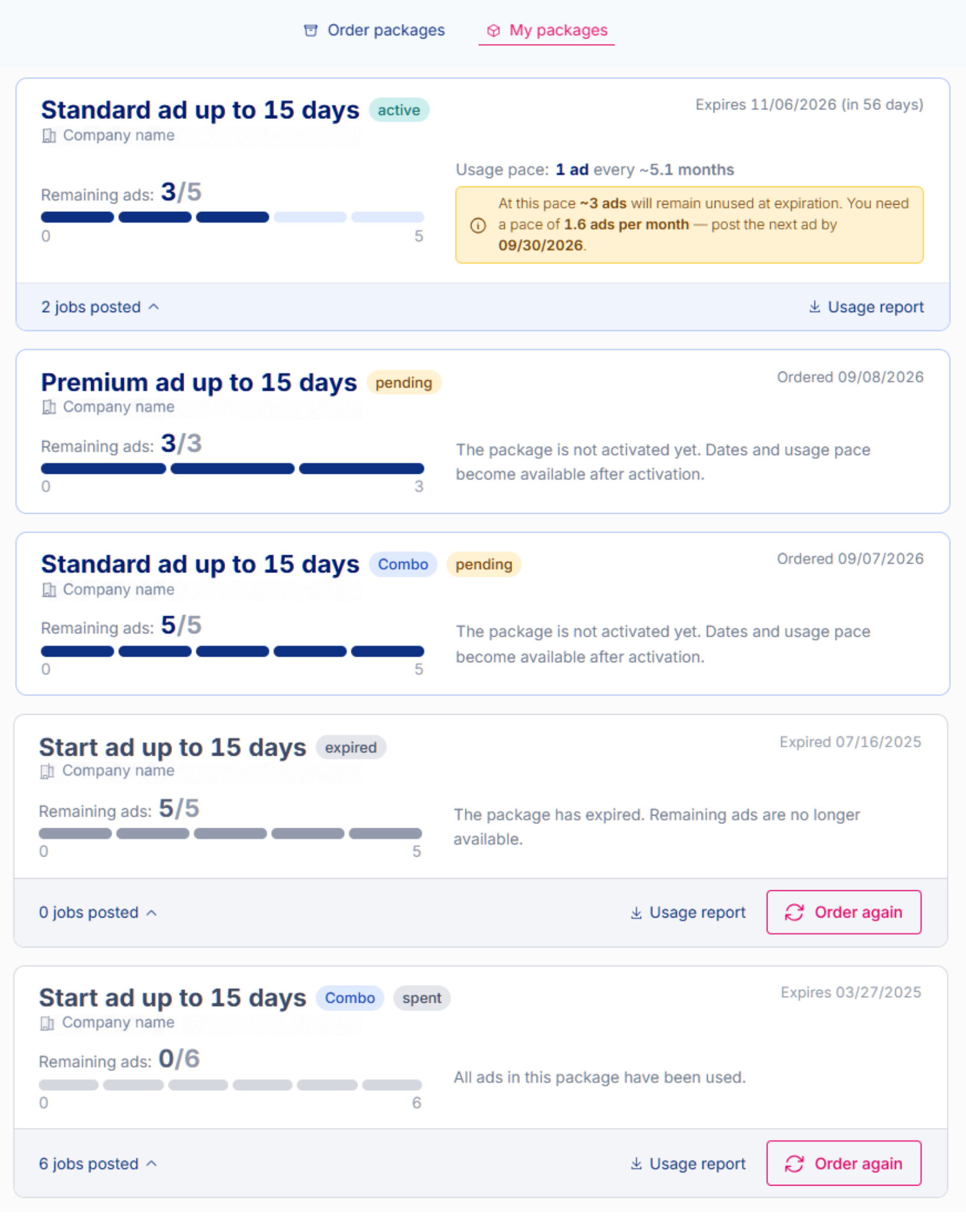 Overview of active, pending, expired and spent job ad packages